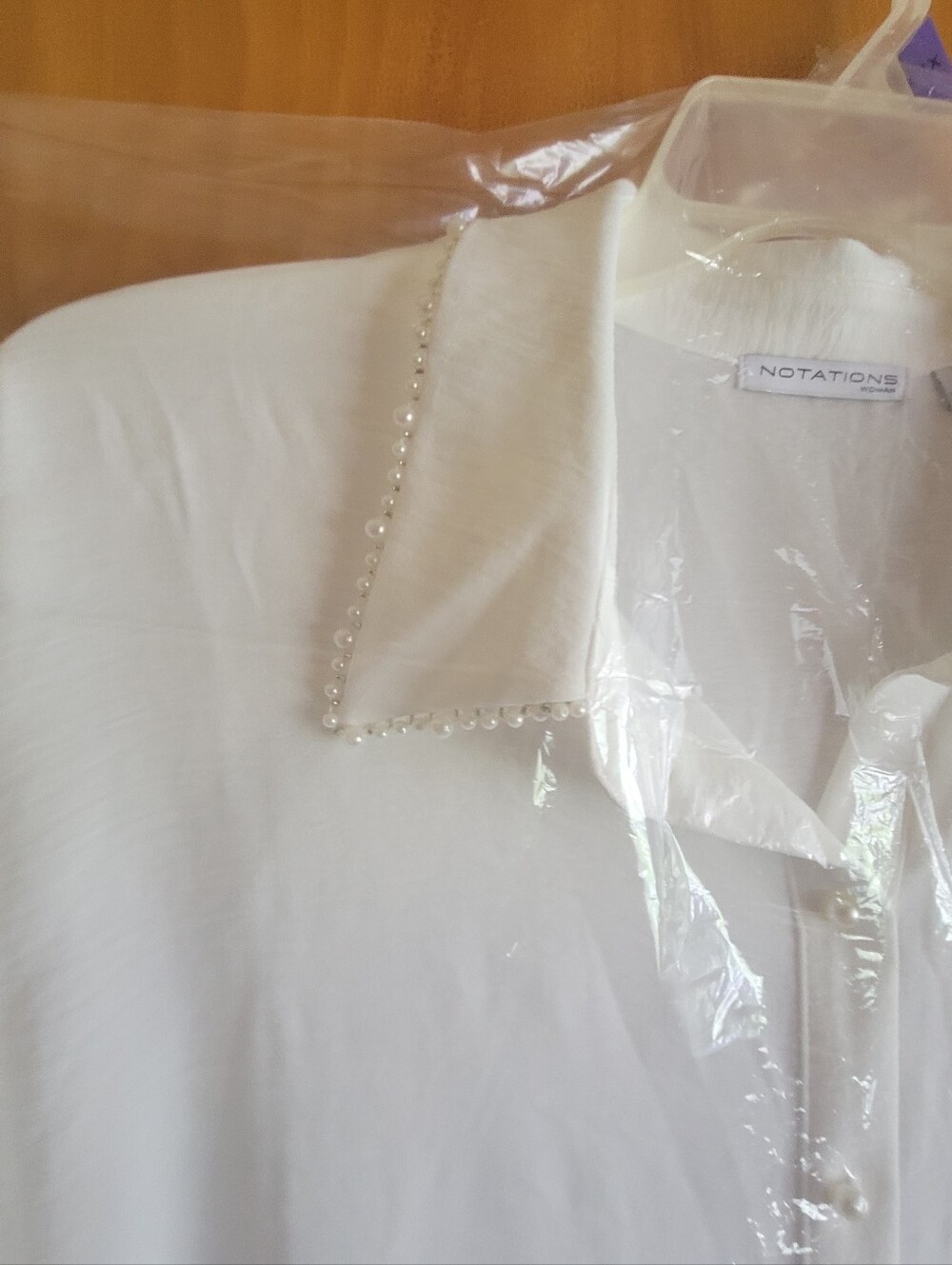 Notations White Pearl-Trim Collared Button-Down Blouse